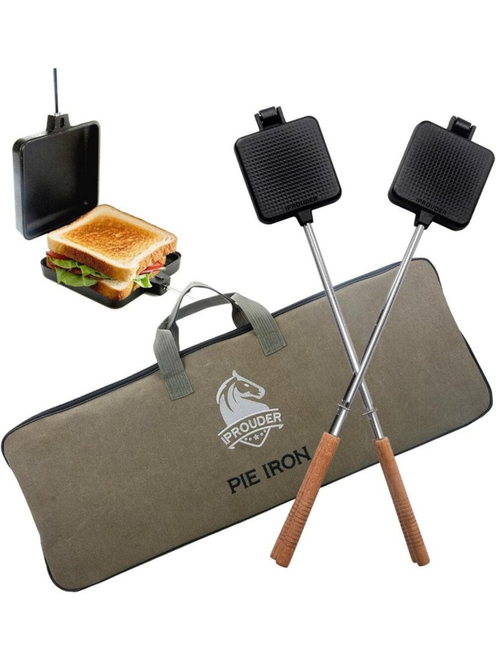 Large Cast Iron Campfire Pie Iron Sandwich Maker - 2 Pcs with Storage Bag